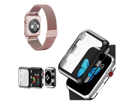 Kit Pulseira Bracelete Milanese Loop Fecho Magnético Capa Anti-Impacto Apple Watch Series 5 44Mm ATYULNM Rosa