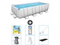 Piscina Retangular Power Steel BESTWAY 488 X 244 X 122 Cinza Incluindo Bomba Escada Cobertura Pacote de Manutenção Filtro Kit de Limpeza