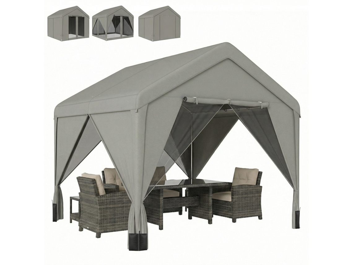 Gazebo 3x3m À Prova D'água Com Telhado Duplo Inclinado, Estrutura Aço Galvanizado Cinza