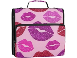 Organizador de 3 Argolas com Alça Ombro Design Lábios Desenho Animado Glitter Rosa 3,8 Cm 34,5 X 31,5 8,9