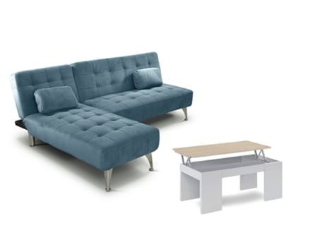 Oferta: Sofá-Cama Chaise Longue Xs Azul Mesa de Centro Branco e Carvalho SALDOSYSTOCKS (198 x 75 x 146 cm)