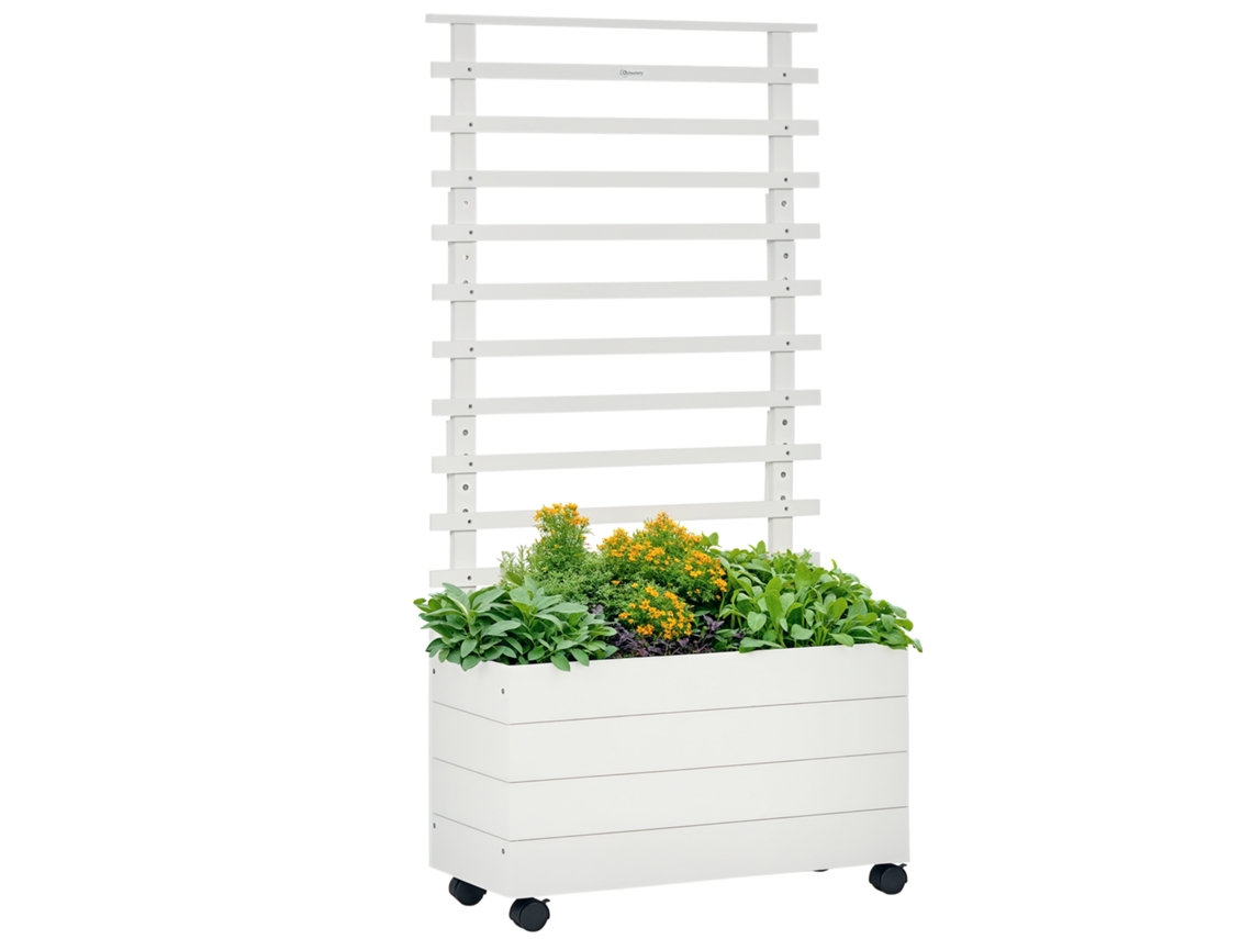 Vaso Vertical com 4 Rodas e Treliça para Plantas Trepadeiras de Madeira. 76x30x155cm. Branco Ge