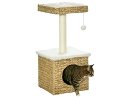 Árvore Com 2 Níveis, Nicho, Arranhador De Sisal E Plataforma, Pom-pom Suspenso, Natural
