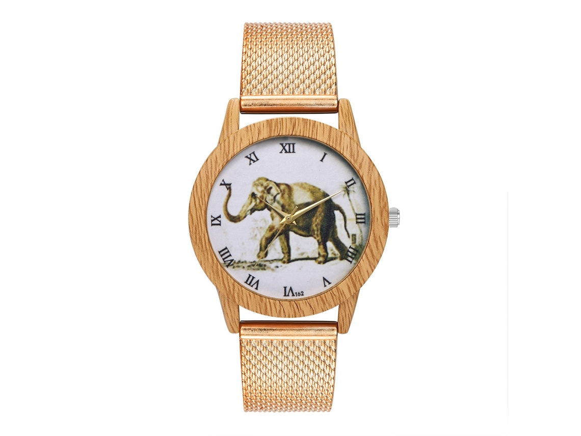 Relógio de quartzo unissex Zhoulianfa com pulseira de silicone e mostrador com elefante (dourado rosa)