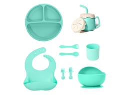 Conjunto de Loiça Infantil, Conjunto de 10 Peças, Prato de Silicone com Ventosa. Verde Claro CZHHMART