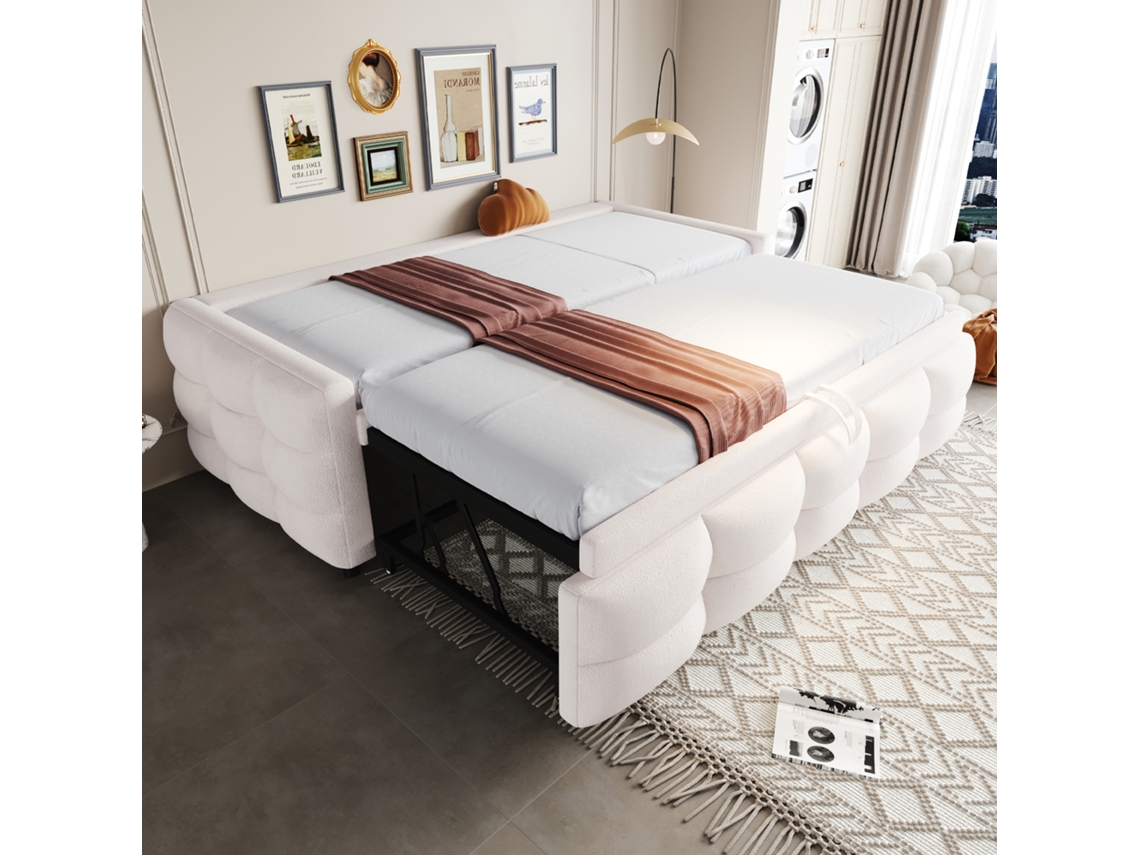 Sofá Cama Extensível Teddy Veludo Bege 90/180x190cm Sem Colchão