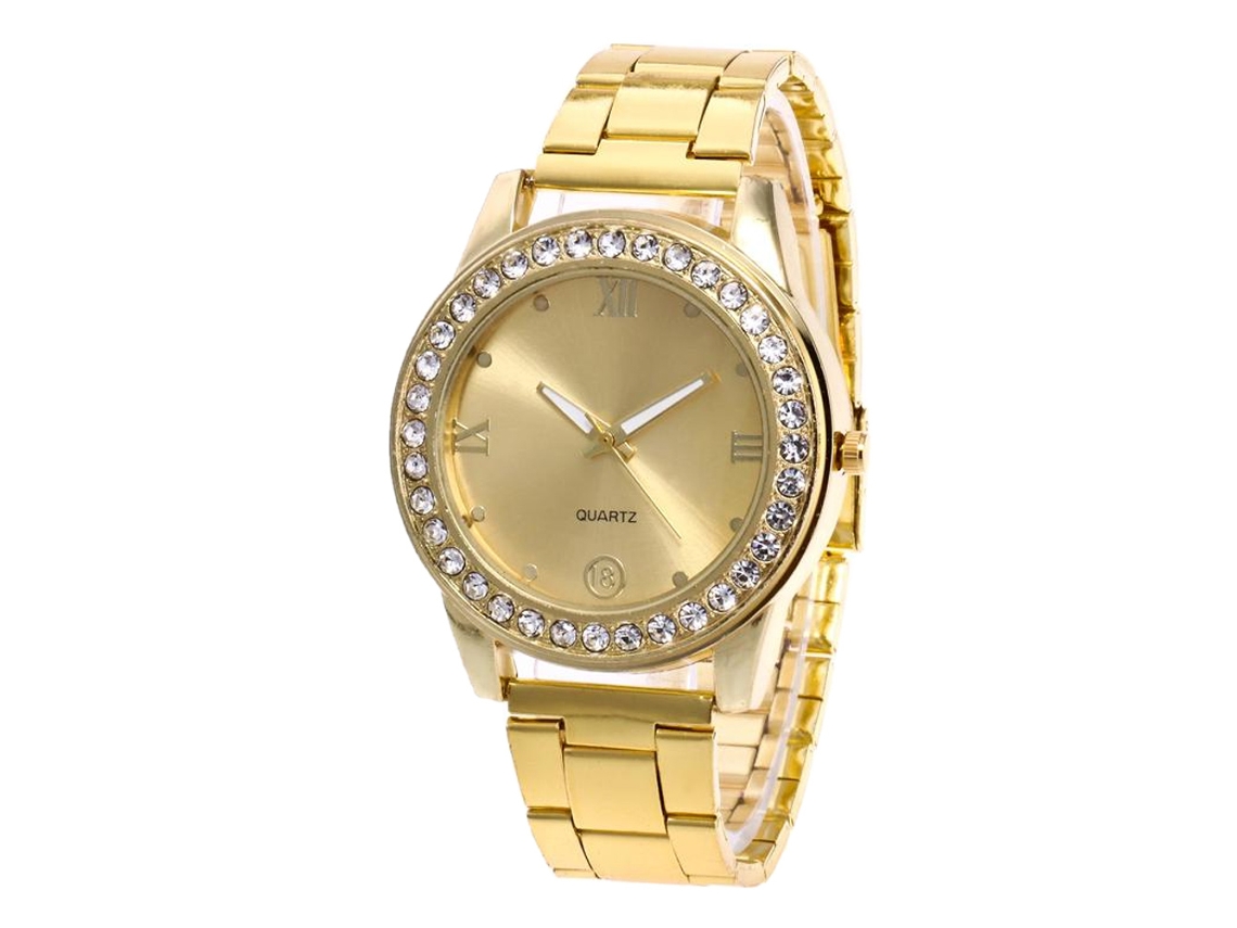 Relógio Analógico de Pulso com Pulseira de Aço Quartzo Simples Casual Unissex Ouro