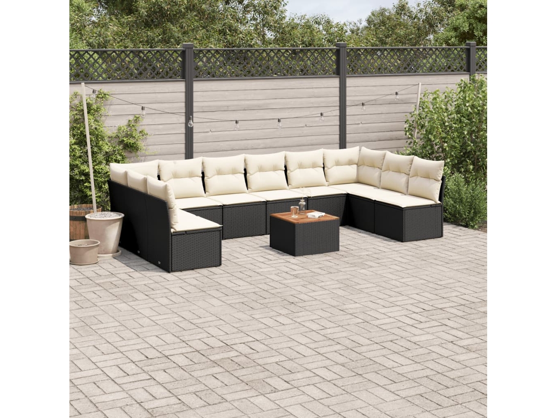 Vidaxl 11 Pcs Conjunto Sofás De Jardim C/ Almofadões Vime Pe Preto