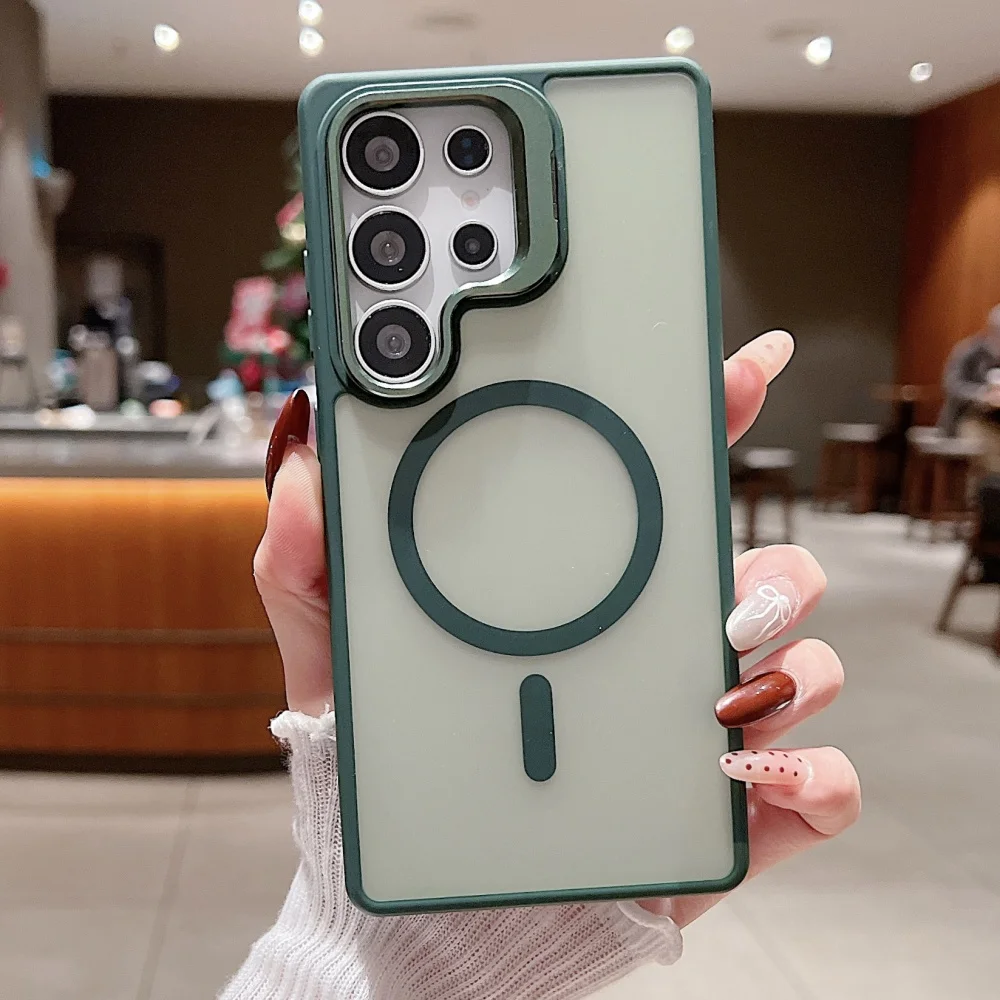 (verde, Galaxy S25) Capa Fosca Para Celular — Suporte Magnético De Metal Para Lente — Material Acrílico Tpu