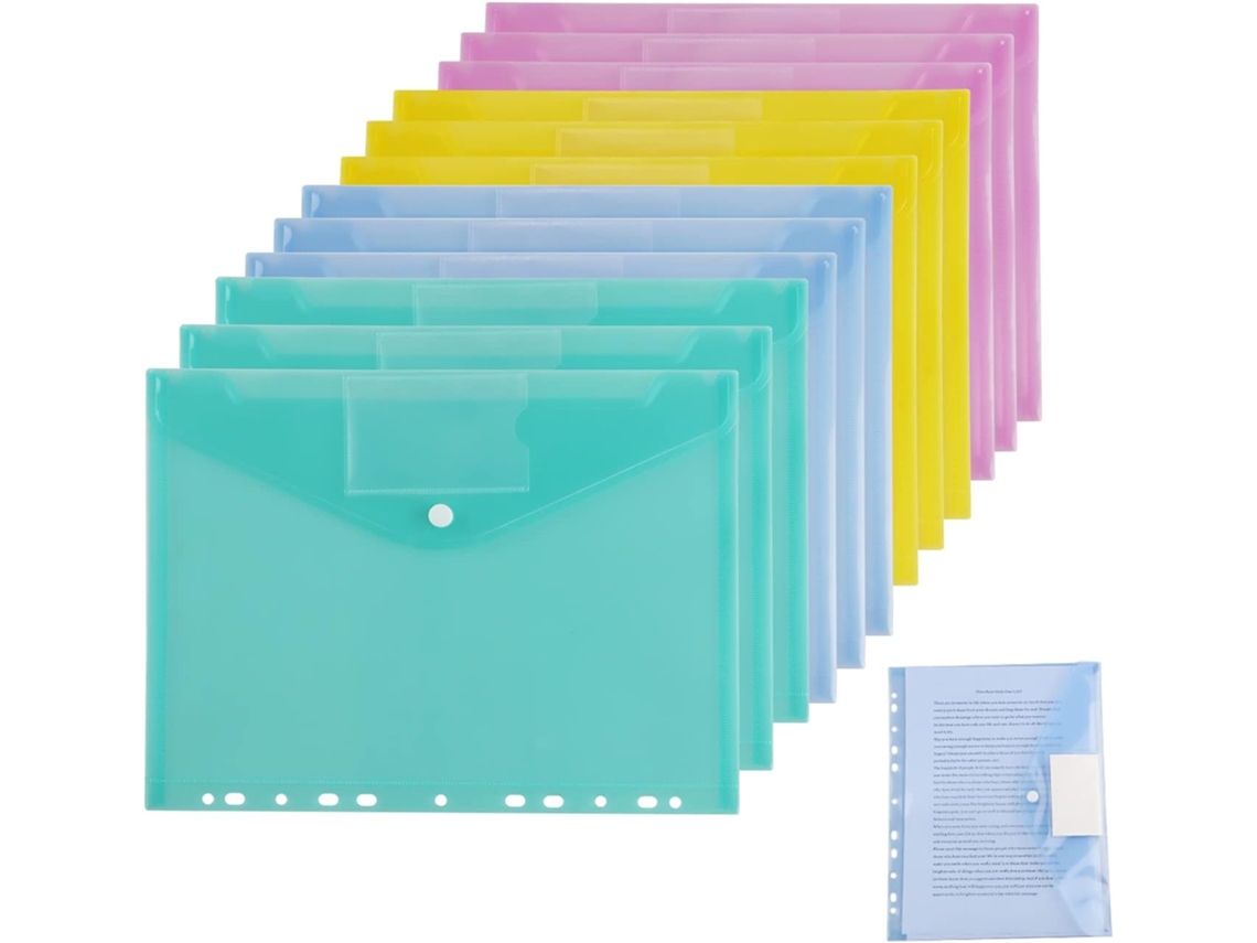 12 Pastas Plásticas A4, Sacos Transparentes Perfurados A4, 6 Pastas Transparentes Coloridas, Sacos Plásticos A4 com Botões BRILVIBERA