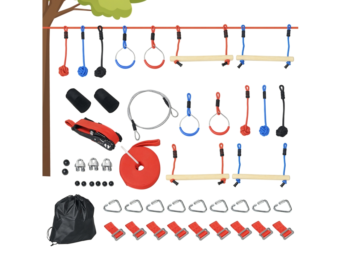 Circuito De Obstáculos Ninja Para Crianças, 30 Acessórios E Bolsa De Transporte, Slackline De 10m Nas Cores Azul, Preta E Vermelha.