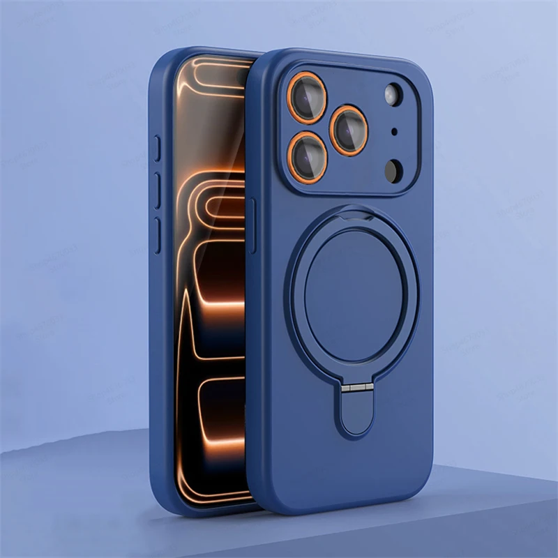 Capa Magnética De Silicone Para Iphone 15 Plus (azul) Com Suporte E Anel.