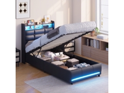 Cama Puff Individual 90x200 Similicouro Preto Com Arrumação, Elevação Pneumática, Led Dupla No Cabeceira, Carga Usb E Tomada Europeia