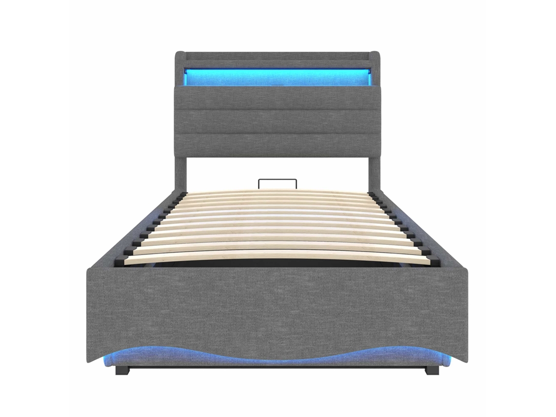 Cama Estofada 90x200 Cm - Com Iluminação Led, Mecanismo Hidráulico, Portas Usb E Tipo-c, Compartimento E Prateleiras, Tecido De Linho - Cinza