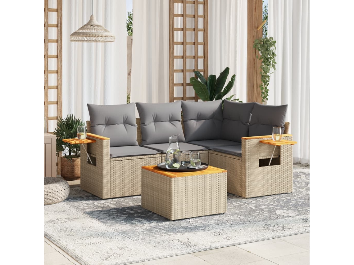 Vidaxl 5 Pcs Conjunto De Sofás P/ Jardim Com Almofadões Vime Pe Bege