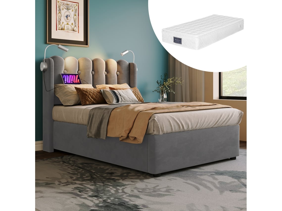 Cama 90x200 Veludo Cinza Com Usb E Colchão