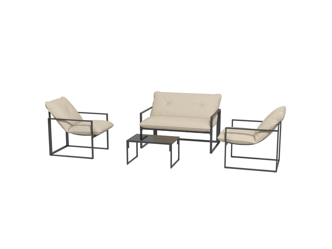 Conjunto De Jardim De 4 Peças Com Sofá, E Aço, Poliéster E Algodão Pp, 2 Poltronas E Mesa De Centro Bege Cinzento