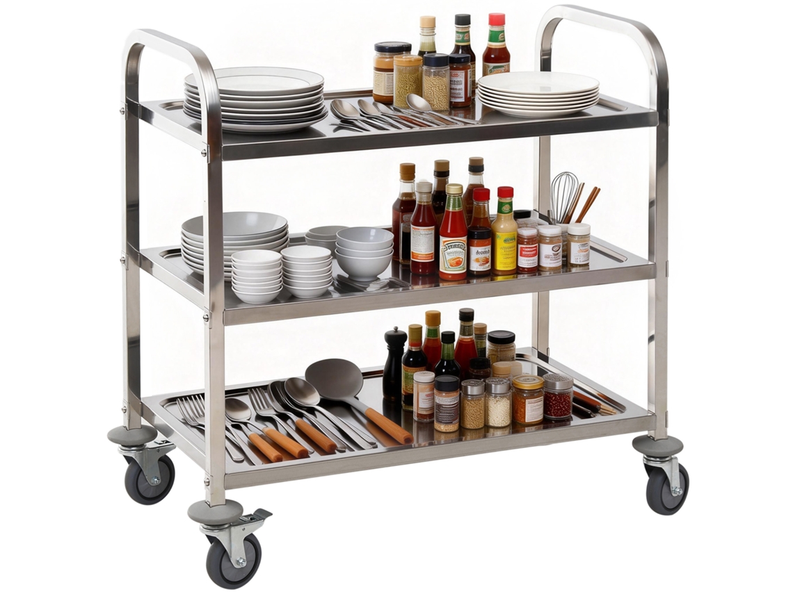 Carrinho Auxiliar com Rodas de Aço Inoxidável 90,5x50,5x88,2 Cm Carrinho de Cozinha com Bandejas e 2 Braços Prateados Ge
