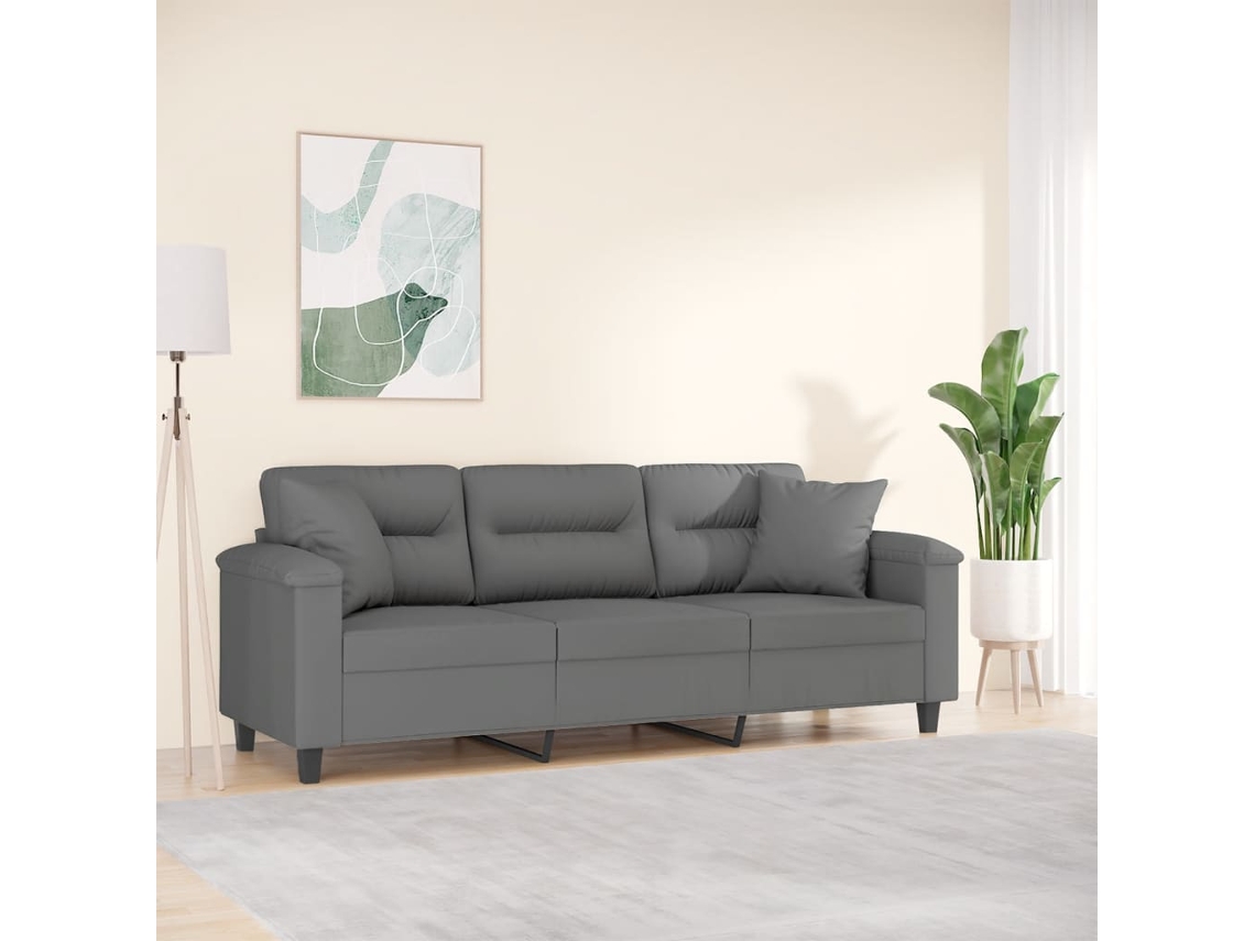 Vidaxl Sofá 3 Lugares C/ Almofadas 180 Cm Microfibra Cinzento-escuro