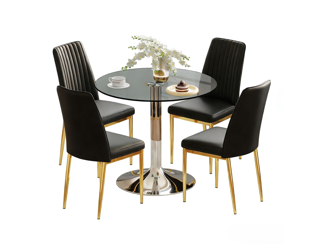 Conjunto De Mesa De Jantar 85 Cm Para 4 Pessoas - Vidro Temperado Minimalista + Cadeiras Em Pu - Preto