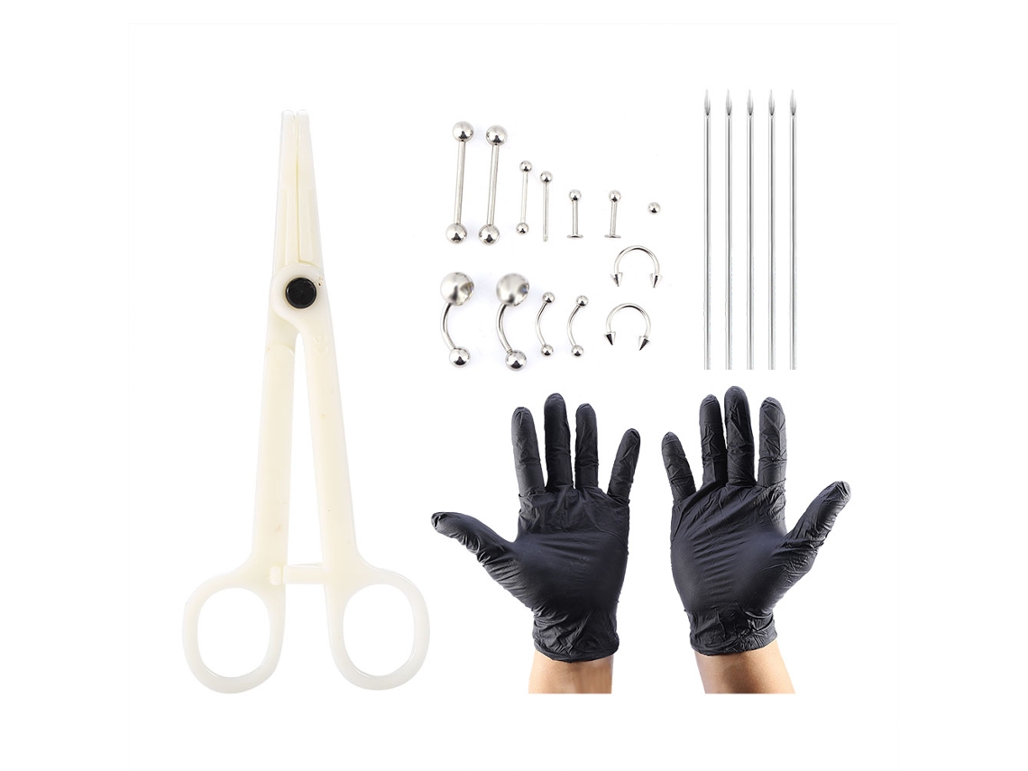 Kit de Piercing Corporal com Bijuterias, Agulhas, Pinça e Luvas 20 Peças