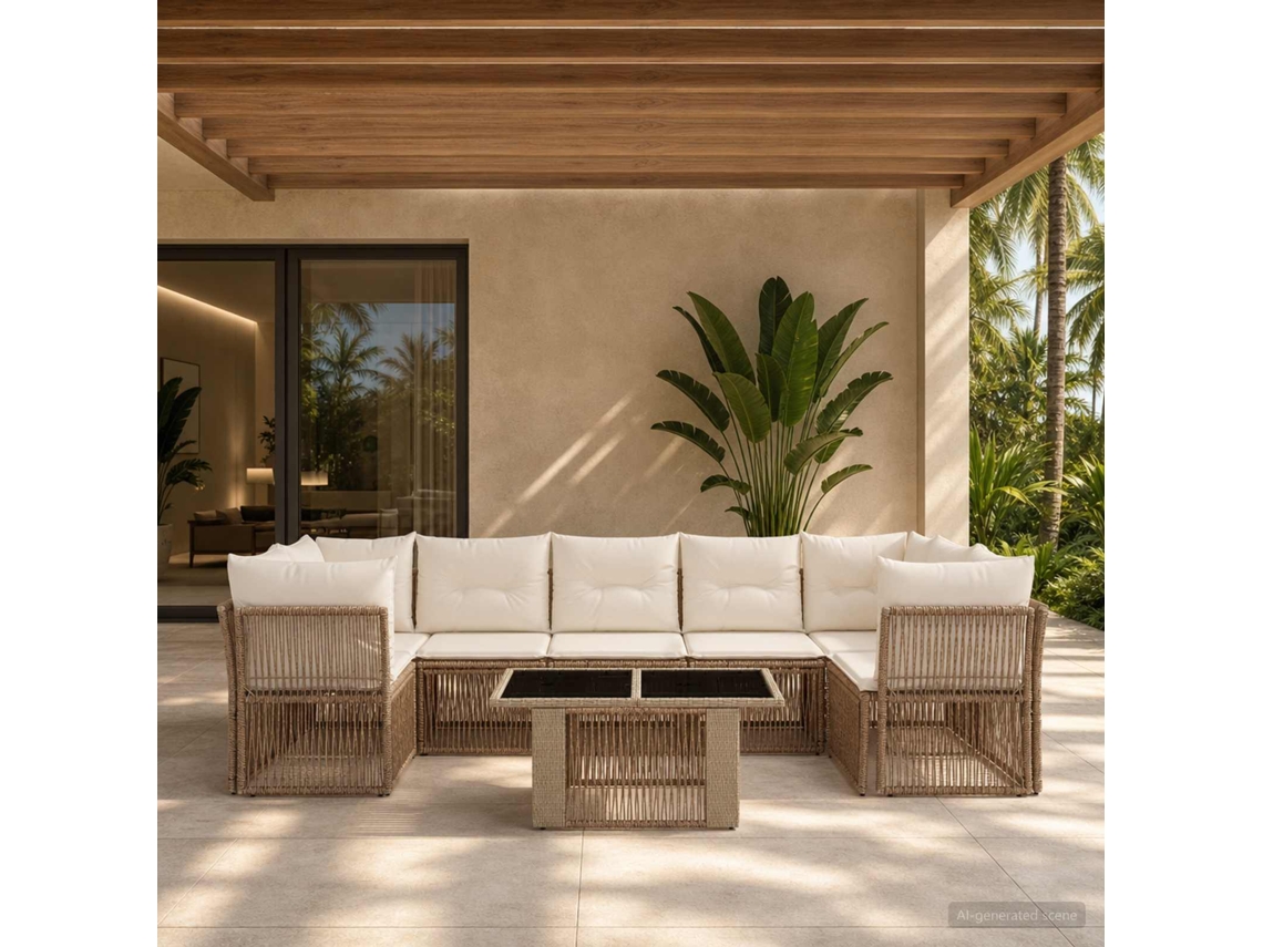 Vidaxl Conjunto De Sofá De Jardim 8 Unid. Bege Vime Pe