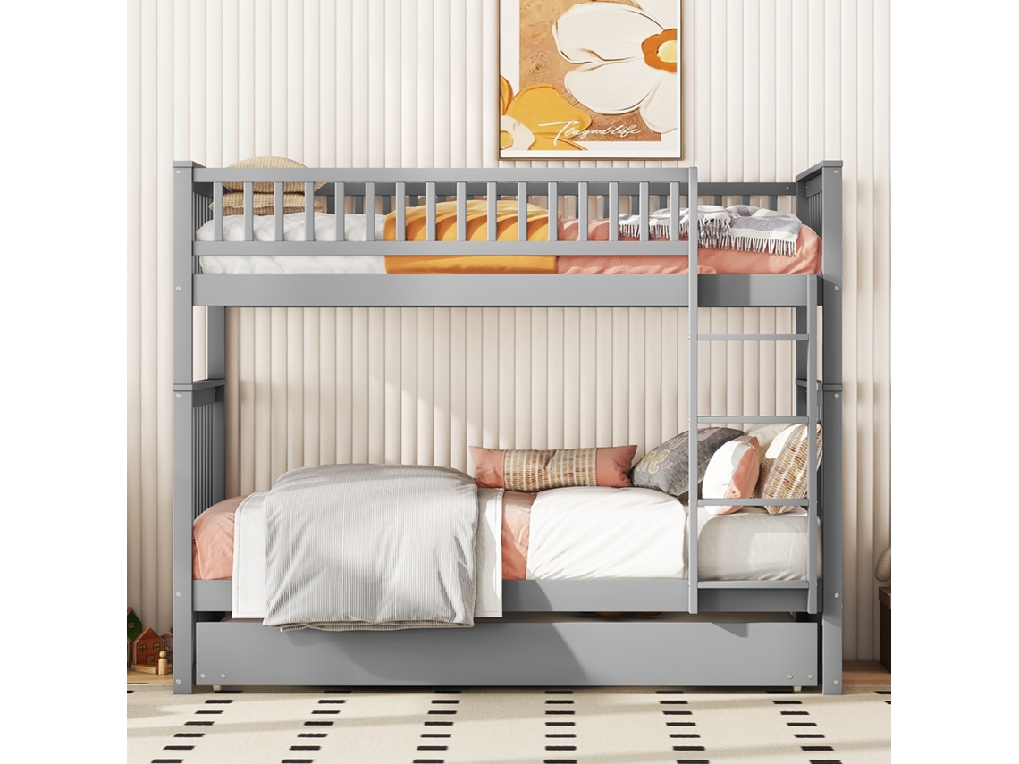 Beliche 90x200cm para crianças e adolescentes com cama auxiliar, segurança, escada resistente, cinza KOMHTOM