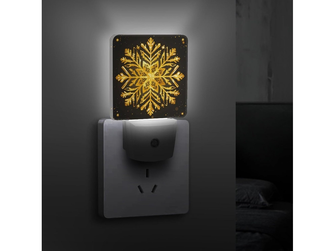 Luminária Noturna LED Natal com Floco Neve Dourado e Sensor Crepuscular, Luminária Decorativa de Baixo Consumo