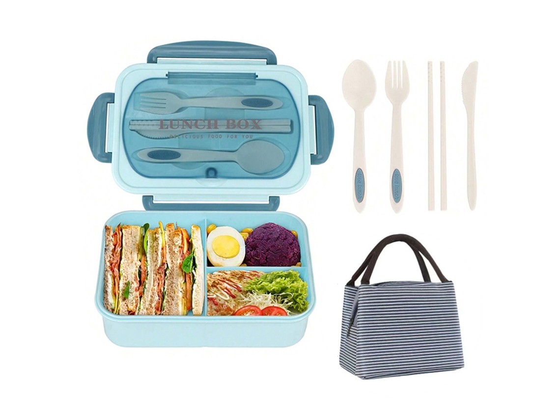 Bento Box - Caixa Almoço - Com Talheres - 1200 Ml - 21,3×14,5×7,5 Cm - Aço Inoxidável - Azul