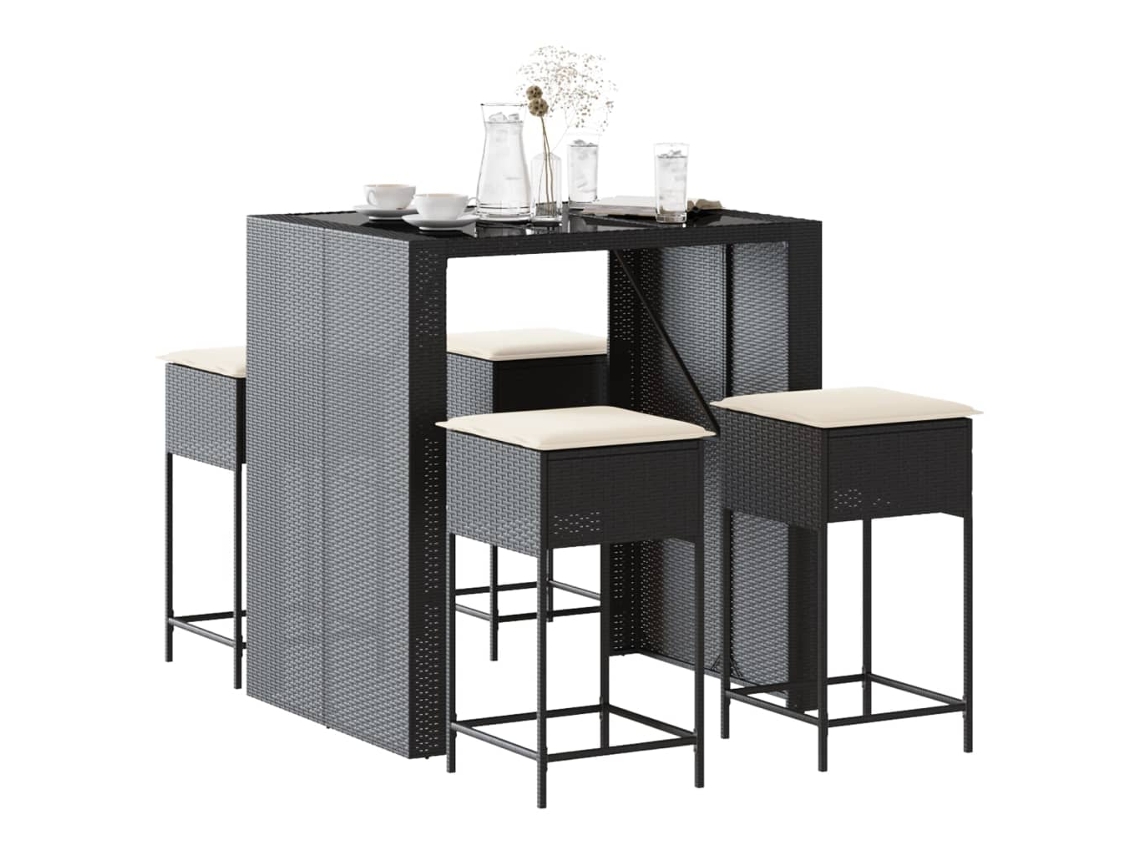 Vidaxl 5 Pcs Conjunto De Bar P/ Jardim C/ Almofadões Vime Pe Preto