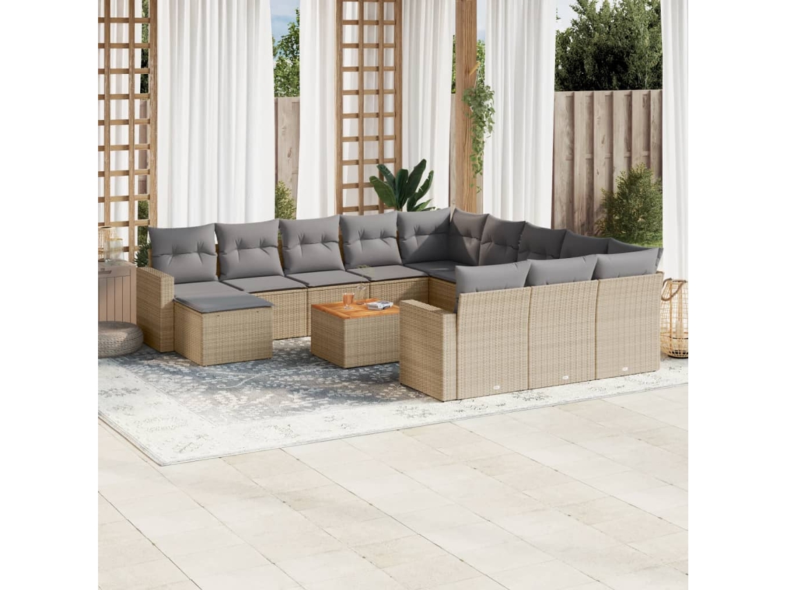 Vidaxl 13 Pcs Conjunto De Sofás P/ Jardim Com Almofadões Vime Pe Bege