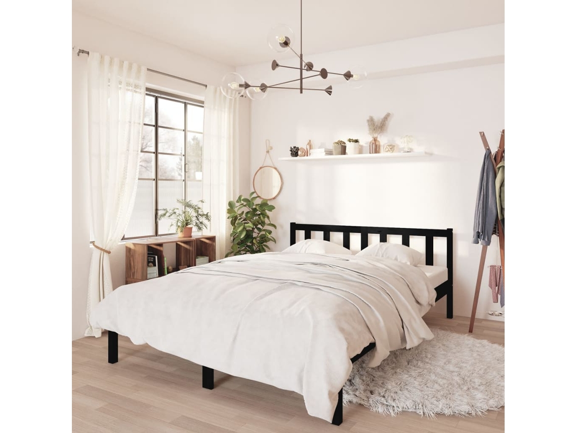 Vidaxl Estrutura de Cama Casal 135x190 Cm Pinho Maciço Preto