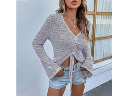 2026 jersey de Punto para Mulher com Gola em V, Manga Longa e Cropped, Cor Sólida, Suave e Casual para Primavera e Verão
