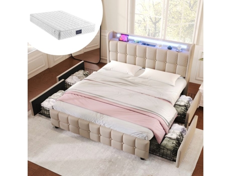 Cama Com Estofamento, Função De Carregamento Usb, Iluminação Led E Cabeceira Com 4 Gavetas, Cama De Casal, 160x200cm, Bege (com Colchão)