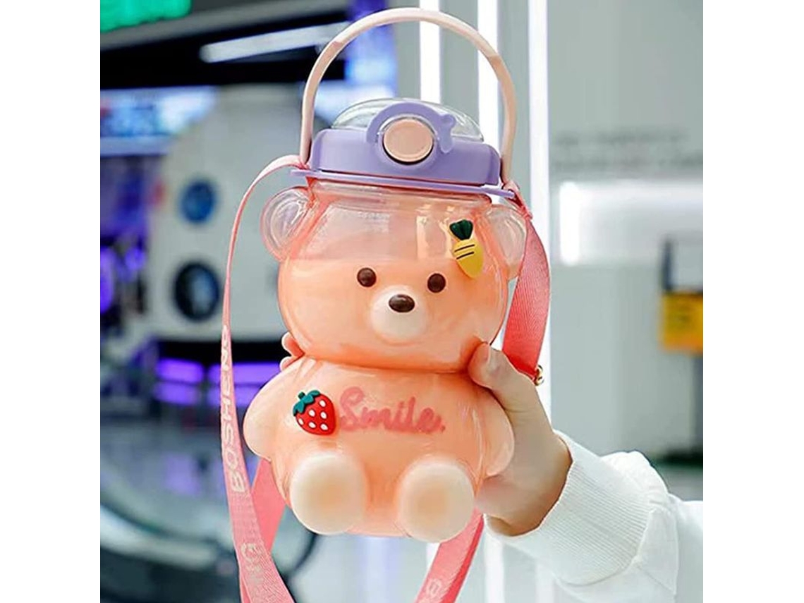 Garrafa de água Rebe em formato de urso, 1 litro, com canudo e alça, portátil e fofa para adolescentes e meninas (rosa)