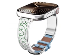 Bracelete para Apple Watch 46/49/45/44mm Híbrida Aço Inoxidável com Couro Genuíno e Entalhe Floral Retrô Prata + Azul XIAOMOYU