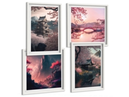 Composição De Quadros Paisagens Do Japão Com Cerejeiras Espelharte (4 Peças)