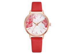 Relógio de Pulso Feminino de Quartzo com Design de Folha em Couro Pu Vermelho