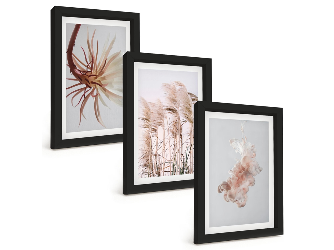 Quadros Decorativos Para Parede Conjunto De Fundo Claro Com Flores E Grama Moldura Preta Quadros Para O Escritório Espelharte (3 Peças 20x30 Cm)