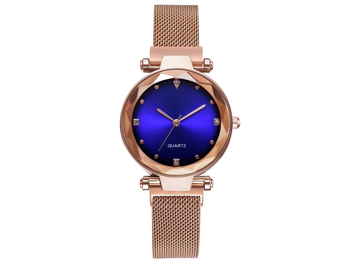 Relógio de quartzo com strass e pulseira de malha dourada rosa (azul)