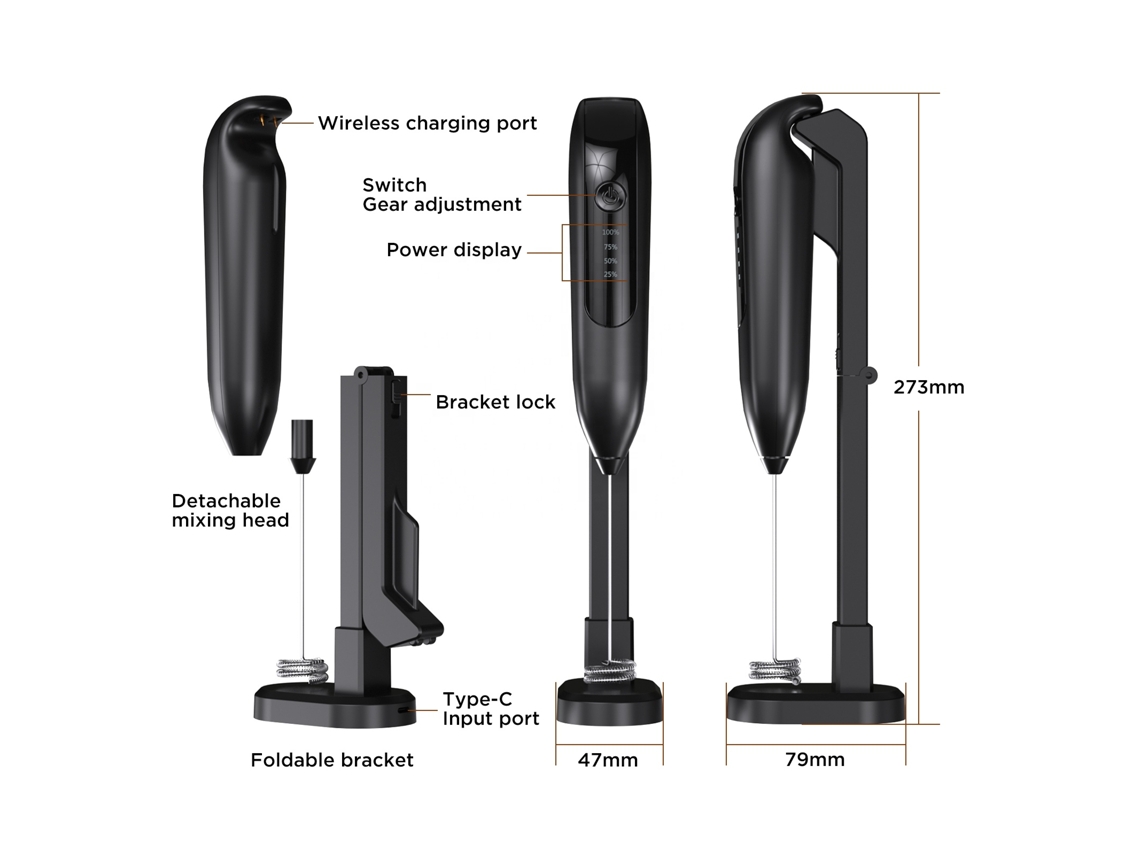 Espumador De Leite Elétrico Portátil Com Usb-c E 2 Velocidades, Inclui Suporte (preto)