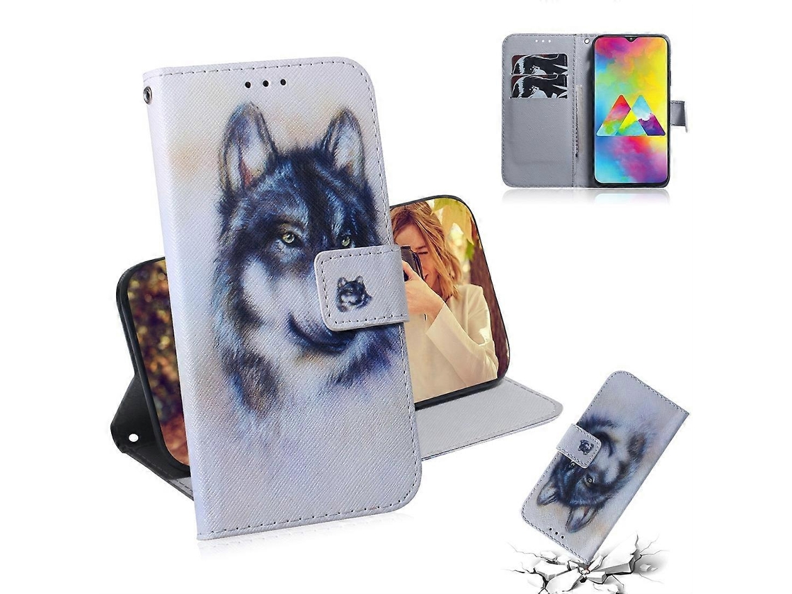 Capa De Couro Com Aba Horizontal E Estampa Colorida De Lobo Branco Para Galaxy M20, Com Suporte, Compartimentos Para Cartões E Carteira.