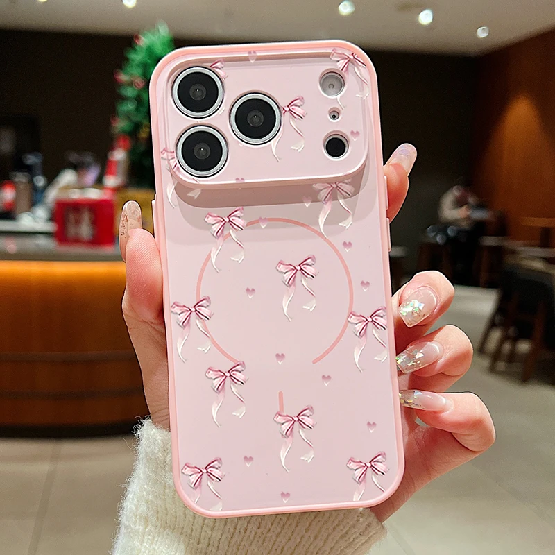 Capa Magnética Para Iphone 14 Pro Max Com Estampa De Laço (rosa), Capa Traseira Rígida Em Policarbonato E Tpu Macio.