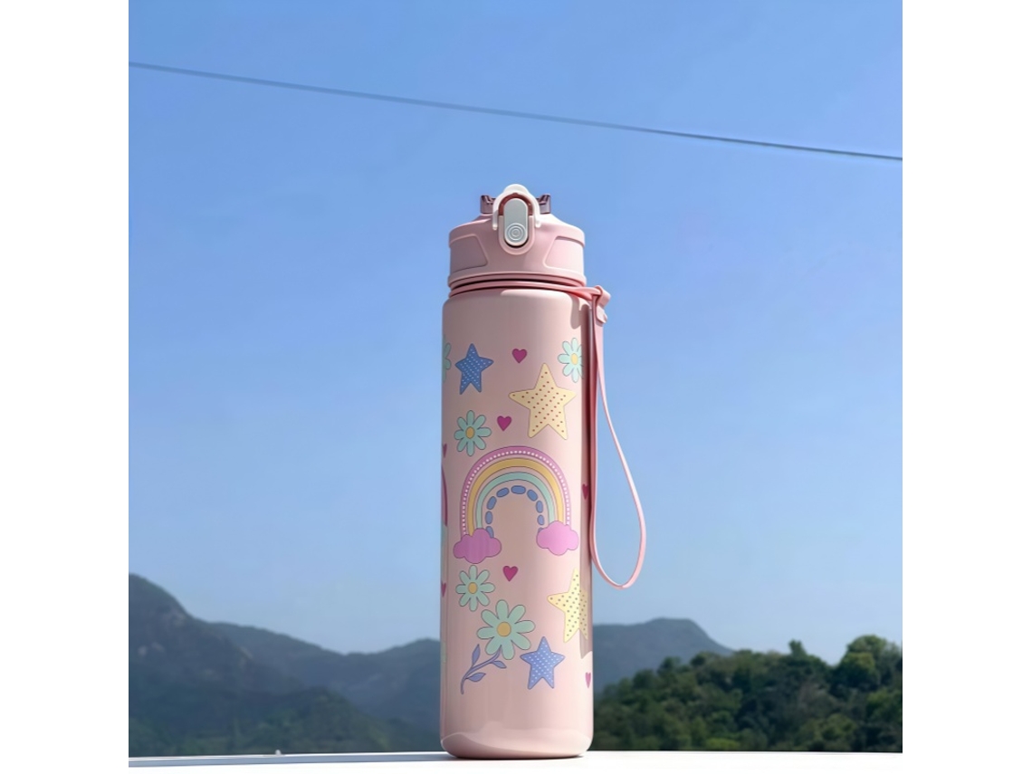 Garrafa de Água Infantil , Capacidade de 750ml, Feita de Plástico Ecológico. MDUG (arco íris Rosa)