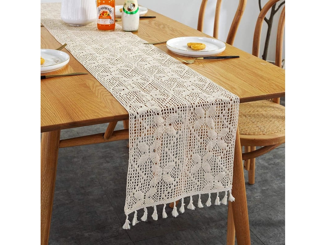 Caminho De Mesa Crochê Macramê Estilo Fazenda Vintage Linho Bege Claro 12 X 94 Polegadas
