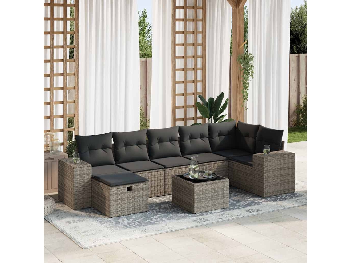 Vidaxl 8 Pcs Conjunto Sofás De Jardim C/ Almofadões Vime Pe Cinzento