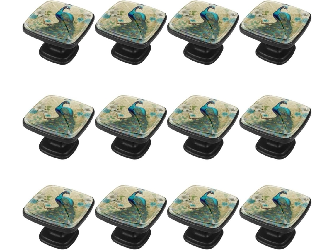 Puxadores E Botões Quadrados Para Gavetas Armários, Conjunto De 12 Peças, Design Abstrato De Cauda Pena Pavão, Puxadores