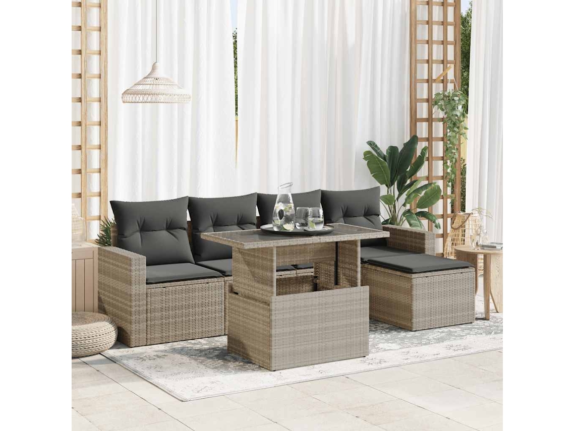 Vidaxl 6 Pcs Conj. Sofás Jardim com Almofadões Vime Pe Cinzento claro