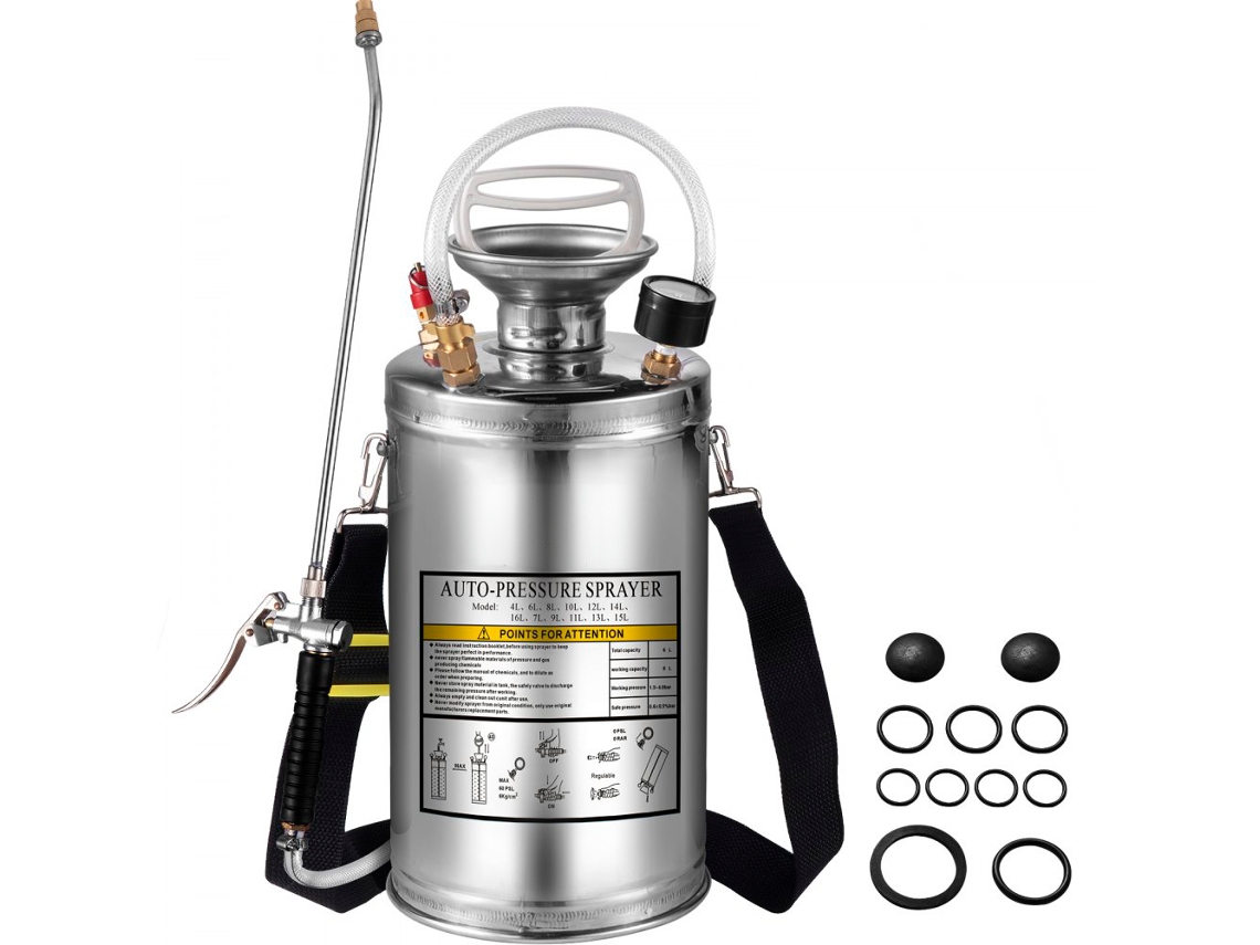 Pulverizador Manual Em Aço Inoxidável 6l Com Bico Regulável, Manómetro E Correia Tekmaquinas