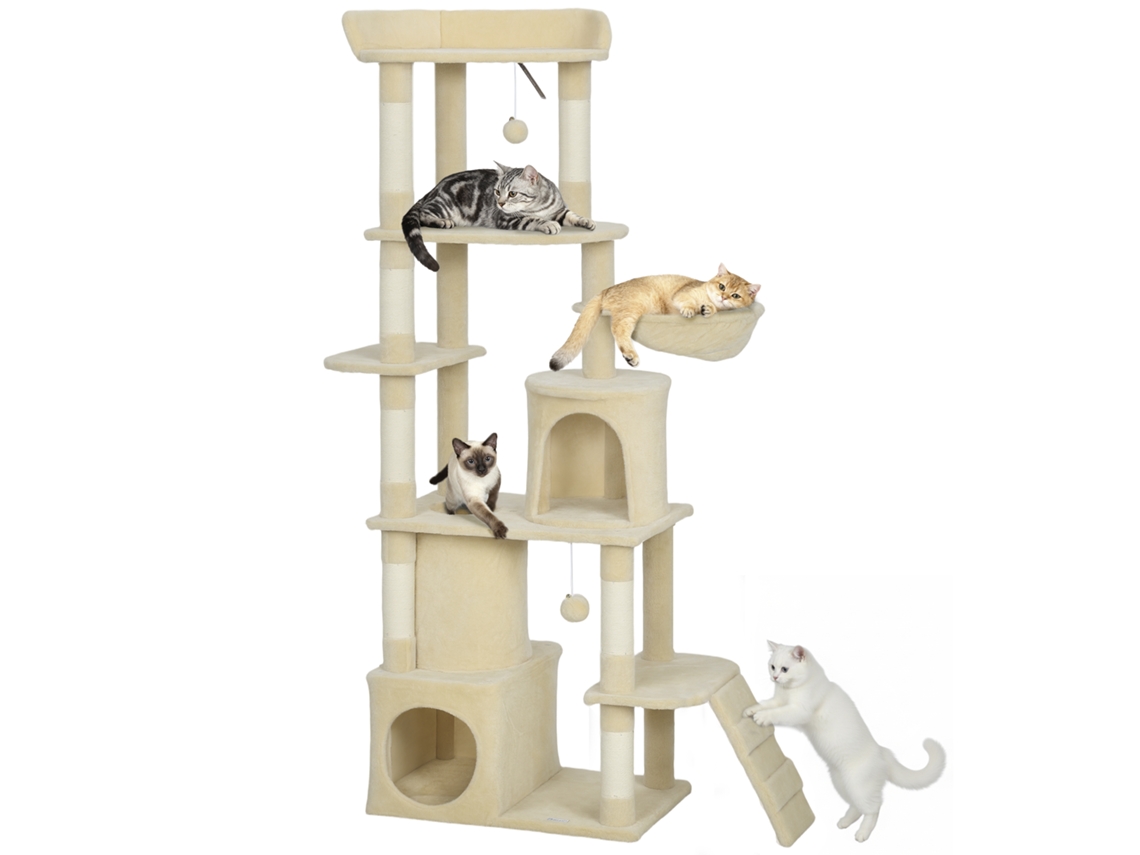 Grande Árvore Bege De Arranhão Gato Altura 170 Cm Com 7 Postes, 1 Túnel 3 Plataformas, 2 Cavernas, Rede